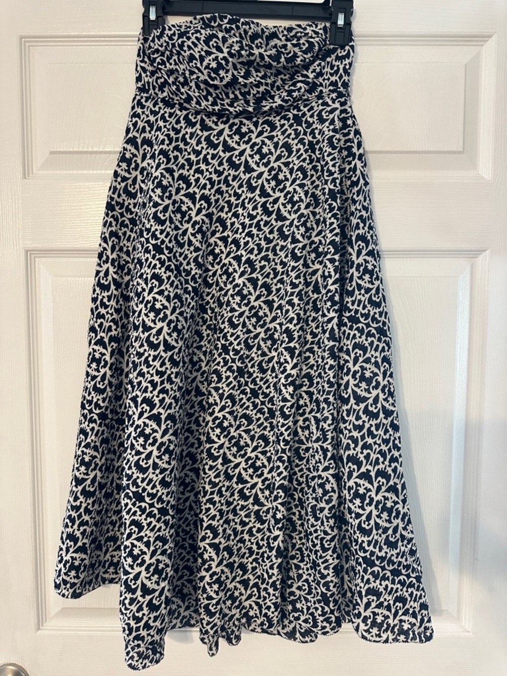 J Crew Navy and White Patterned A-Line Midi strapless dress